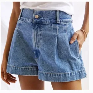 NWT Edwin Isla Blue Denim High Rise Jean Shorts Pleated Vintage Inspired Size 30
