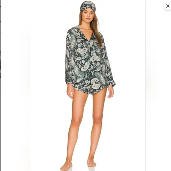 NWT Revolve x Plush 3 pc Silky Paisley Printed Pajama Set in Green Blue Small‌