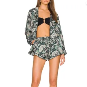 NWT Revolve x Plush 3 pc Silky Paisley Printed Pajama Set in Green Blue Small‌