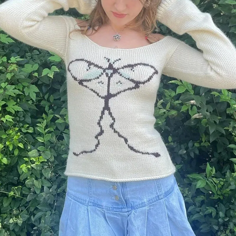 Off Shoulder Graphic Print Sweater Long Sleeve Knit Top Women