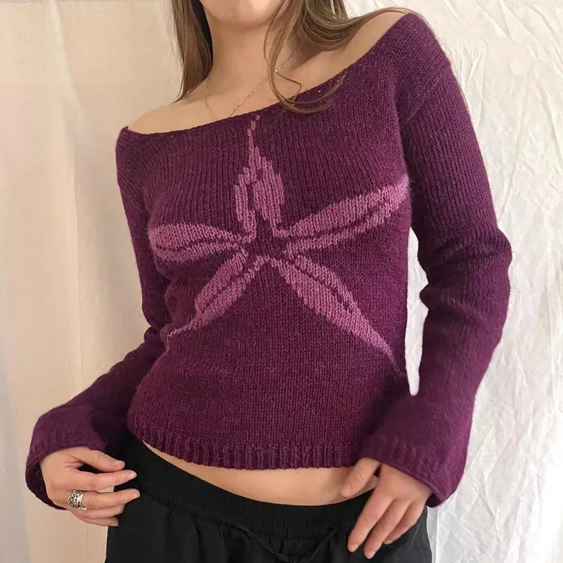 Off Shoulder Graphic Print Sweater Long Sleeve Knit Top Women