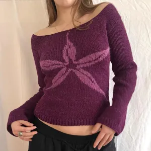Off Shoulder Graphic Print Sweater Long Sleeve Knit Top Women