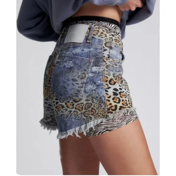 One Teaspoon-NWT-Bandits Mid Waist Relaxed Denim Shorts -Leoparty Sz:23 Ret$140