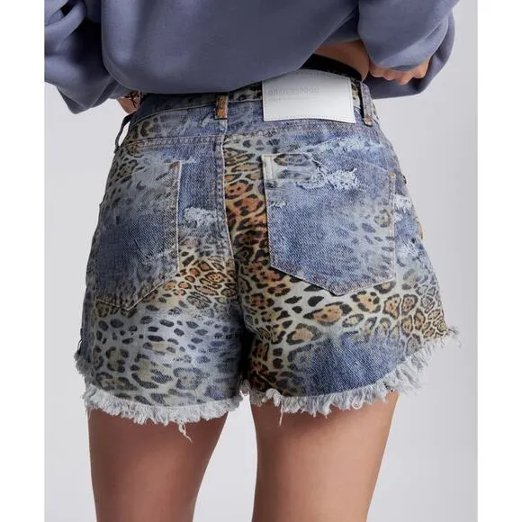 One Teaspoon-NWT-Bandits Mid Waist Relaxed Denim Shorts -Leoparty Sz:23 Ret$140