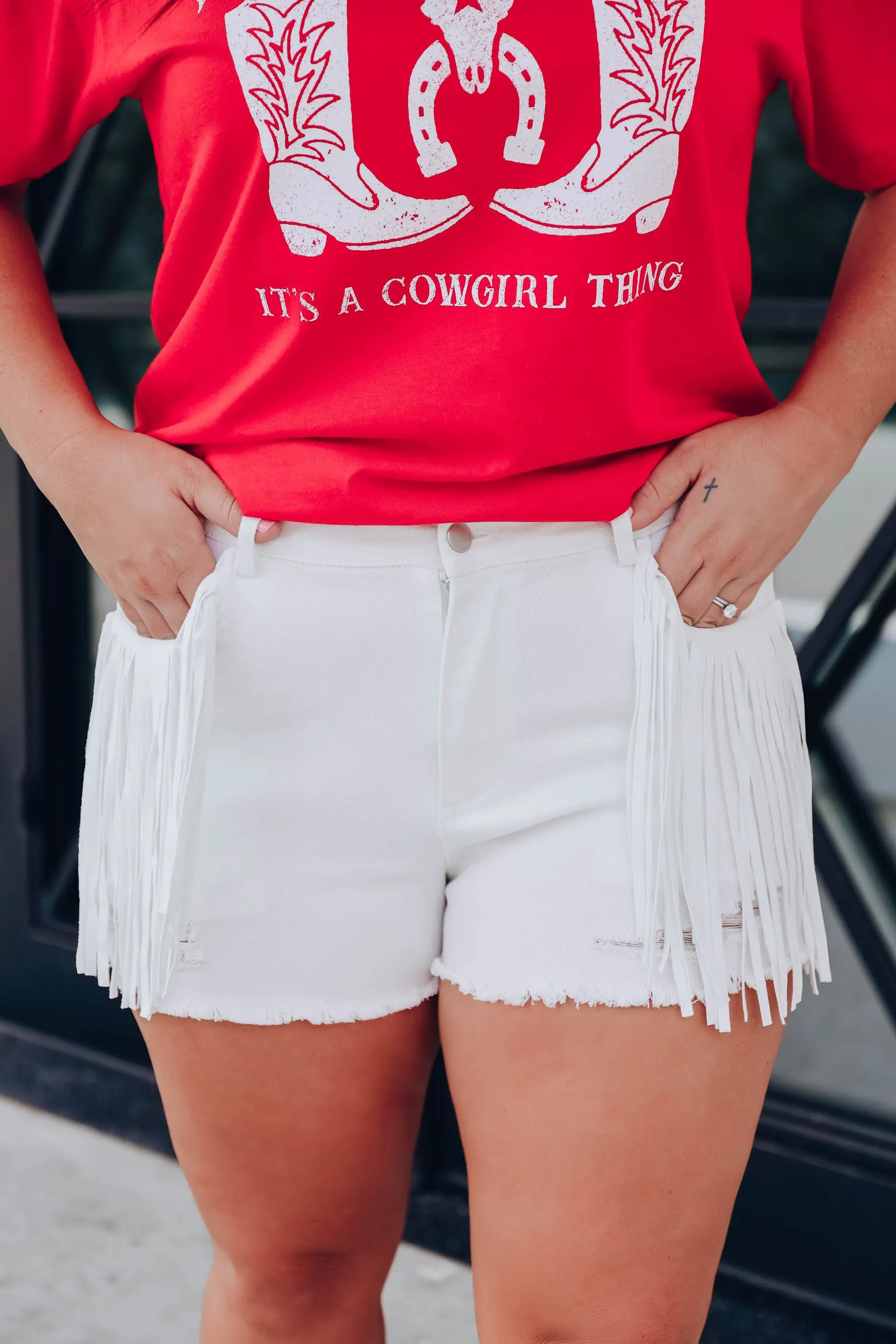 Out West Fringe Denim Shorts - White