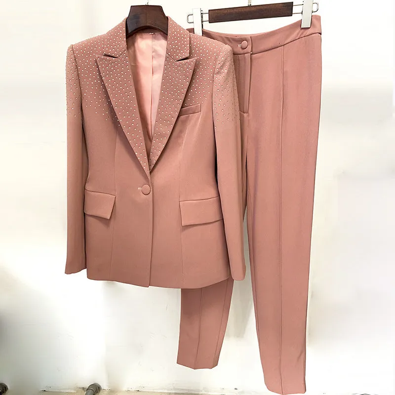 Pant Blazers Star Rhinestone One Button Work Two Piece Set Button Work