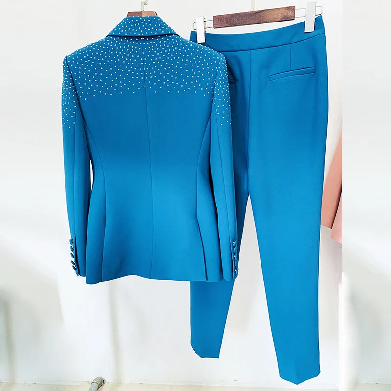 Pant Blazers Star Rhinestone One Button Work Two Piece Set Button Work
