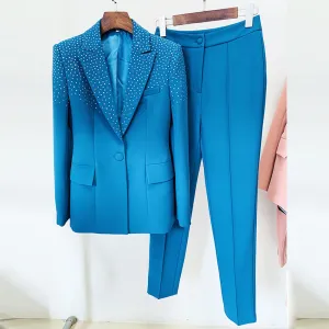Pant Blazers Star Rhinestone One Button Work Two Piece Set Button Work