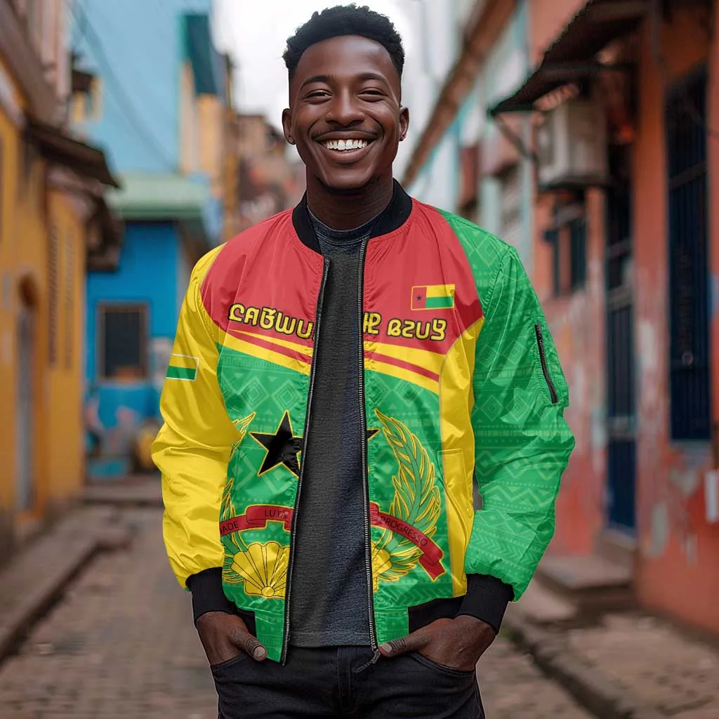 Personalised Afro Guinea Bissau Sleeve Zip Bomber Jacket Coat Of Arms Mix African Pattern LT15