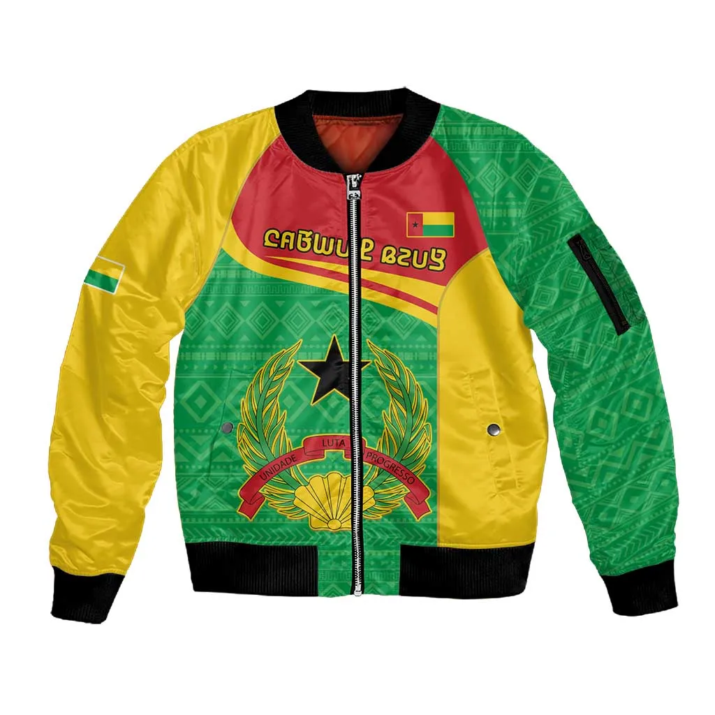 Personalised Afro Guinea Bissau Sleeve Zip Bomber Jacket Coat Of Arms Mix African Pattern LT15