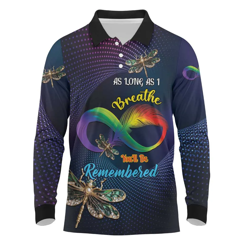 Personalized As Long As I Breathe You'll Be Remembered Long Sleeve Polo Shirt Luxury Dragonfly - Feather Infinity LT01