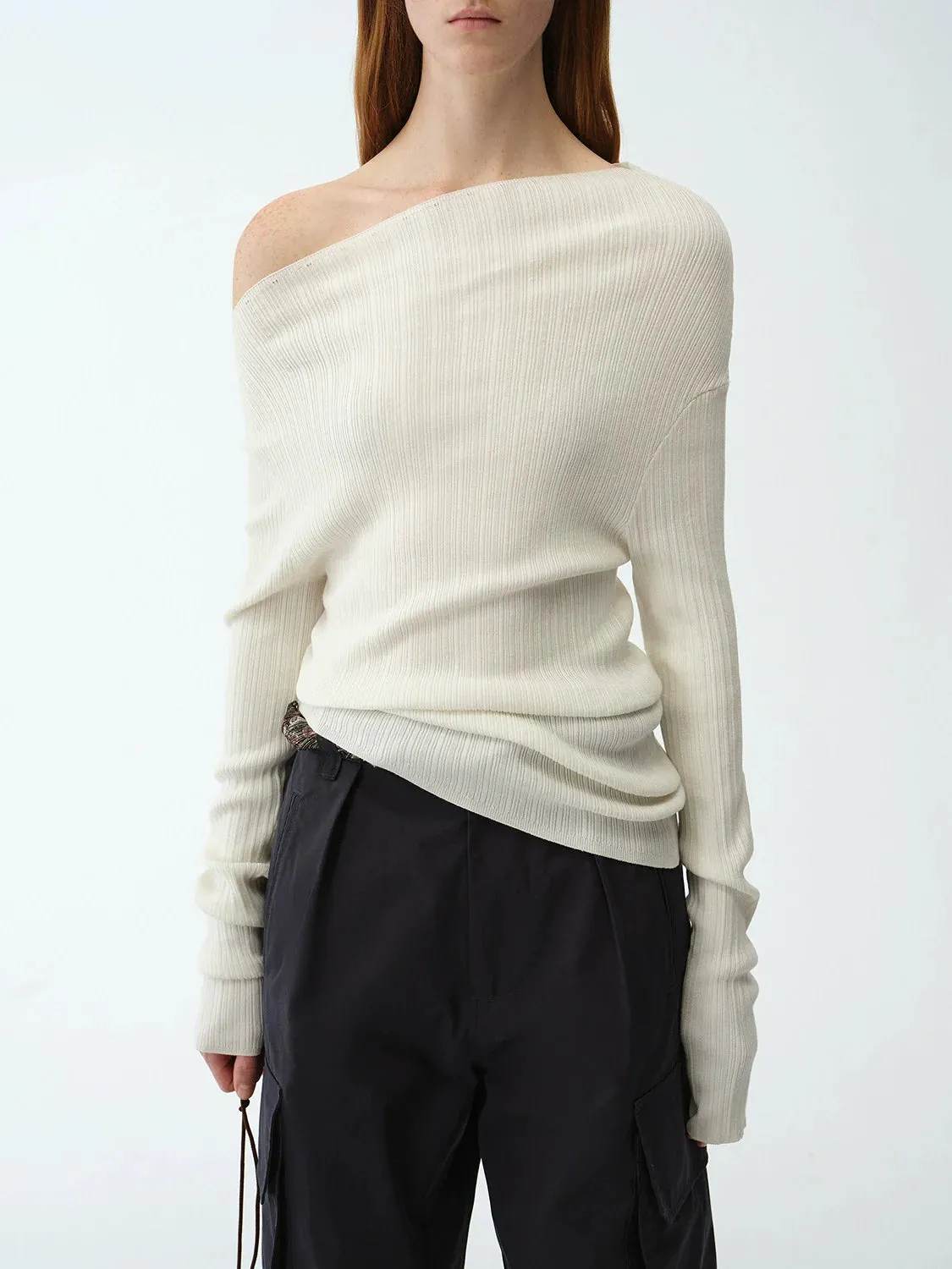 Pure Moonlight Tencel Wool Off-Shoulder Knit Top
