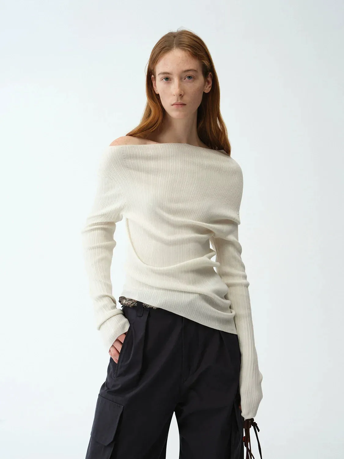 Pure Moonlight Tencel Wool Off-Shoulder Knit Top