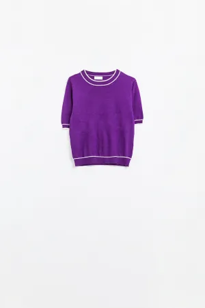 Purple short sleeve sweater with white line detail