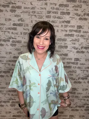 Queen of Sparkles - Light Blue Butterfly, Firefly & Frog PJ Top