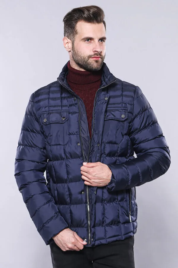 Quilted Navy Blue Men Winter Coat - Wessi