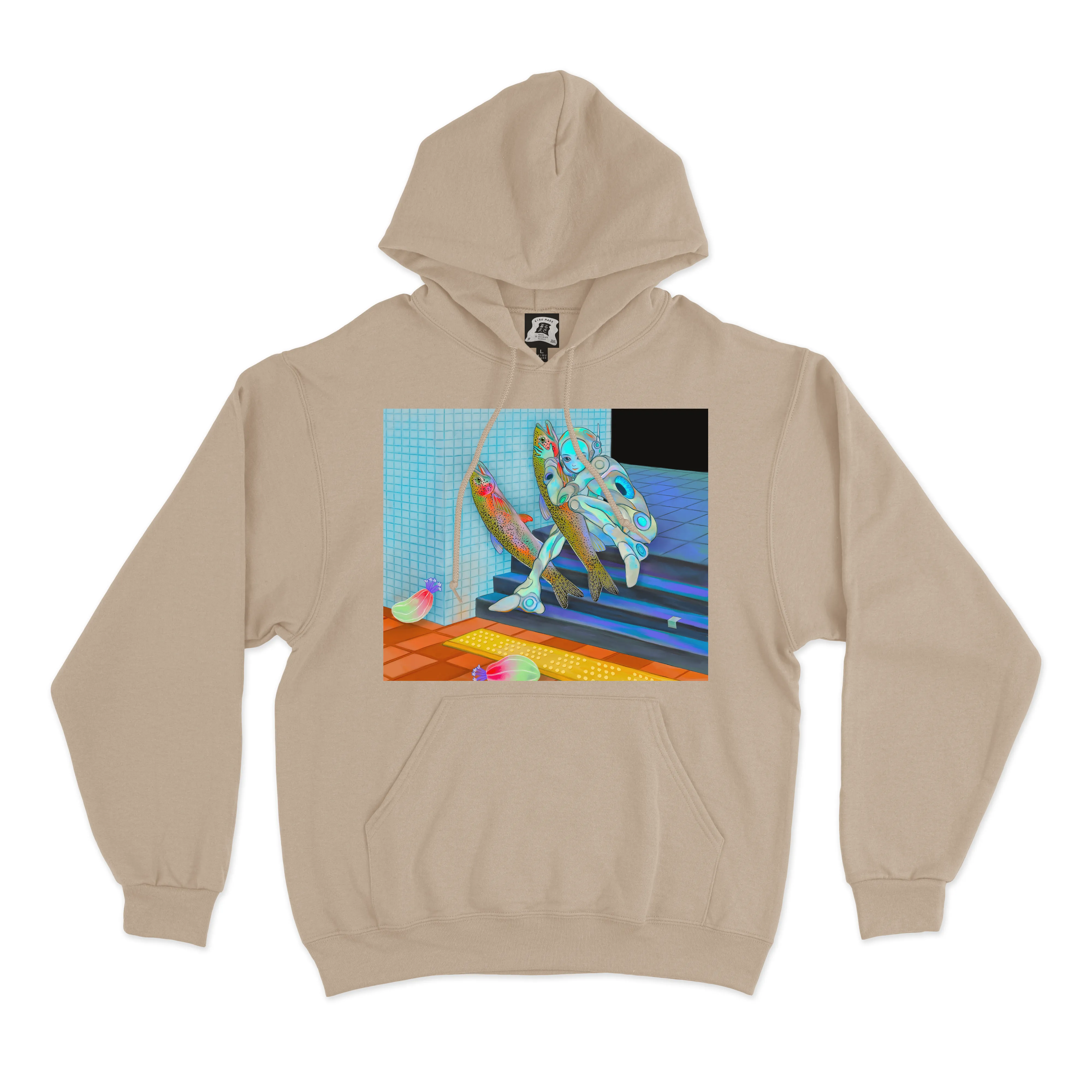 "Rainbow Trout Cyberspace" Fleece Hoodie Beige/Cobalt Blue