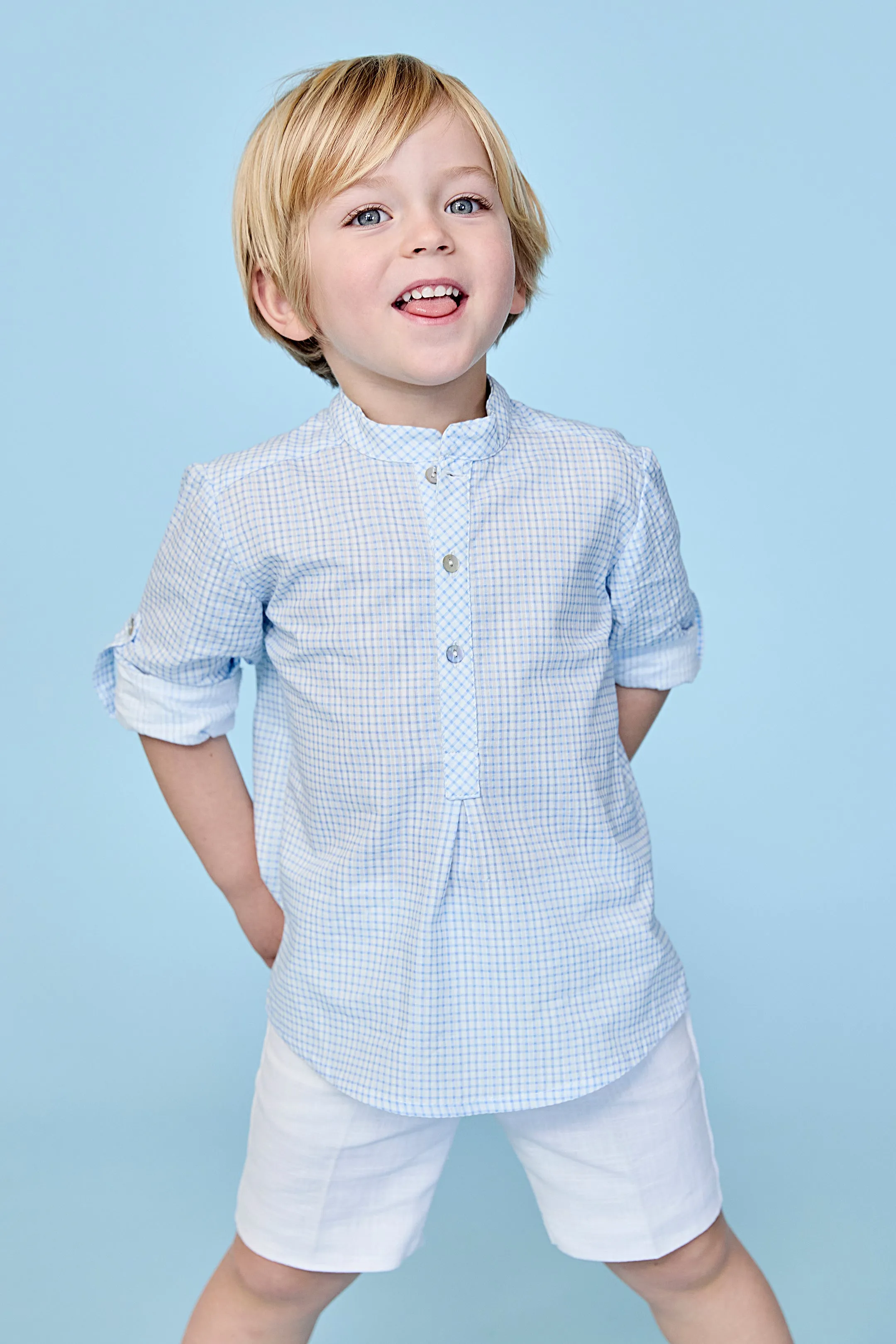 "Tristan" Dusky Blue Check Shirt & Shorts