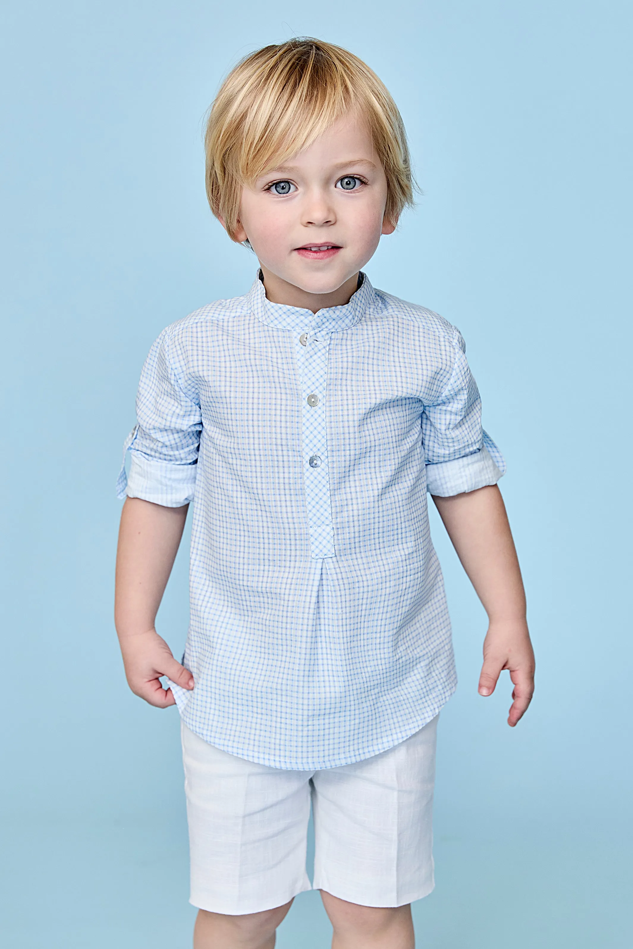 "Tristan" Dusky Blue Check Shirt & Shorts