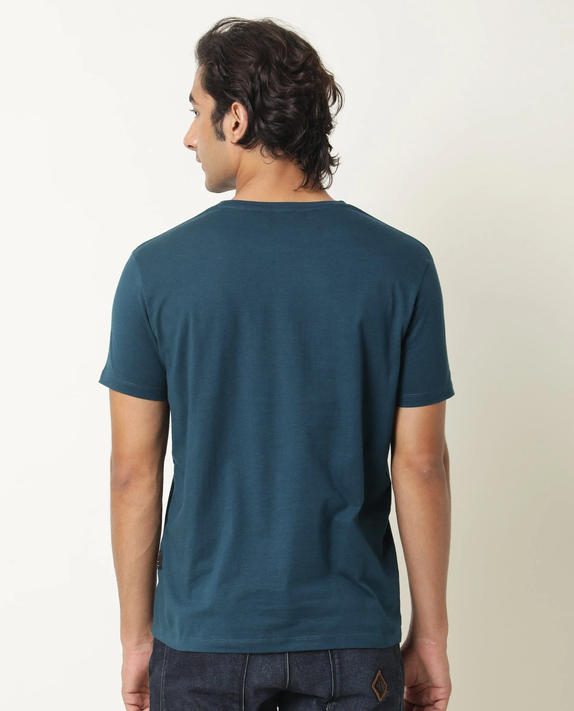 Rare Rabbit Nex Petrol Crew Neck Foil HD Print Half Sleeves Slim Fit T-Shirt