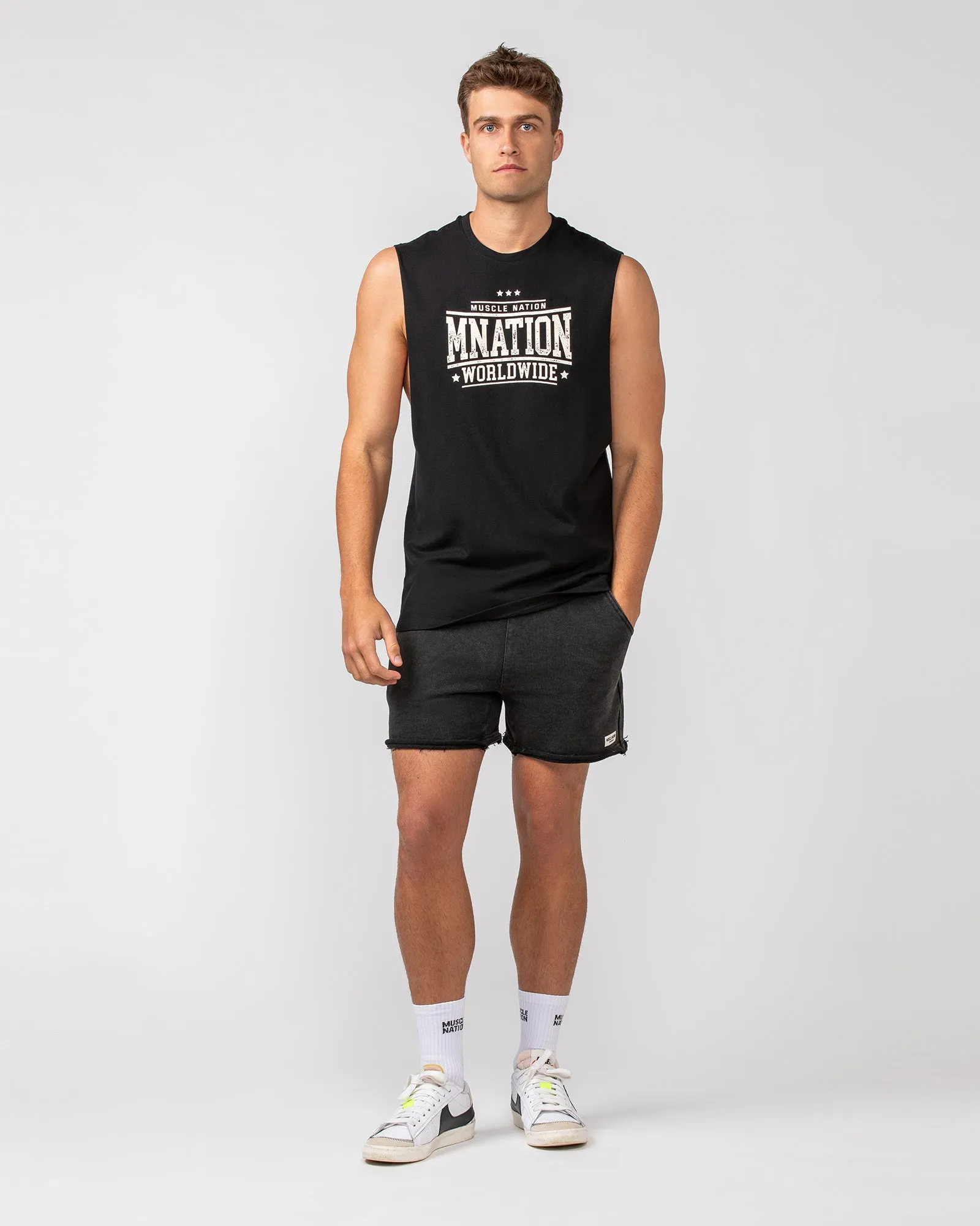 Raw Hem 5" Shorts - Washed Black