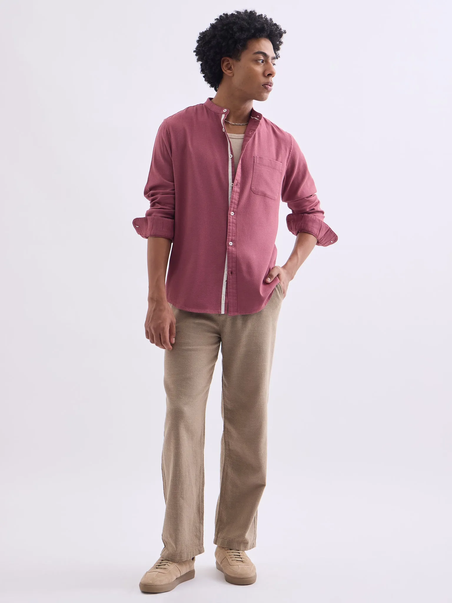 Red Chinese Collar Slim Fit Shirt