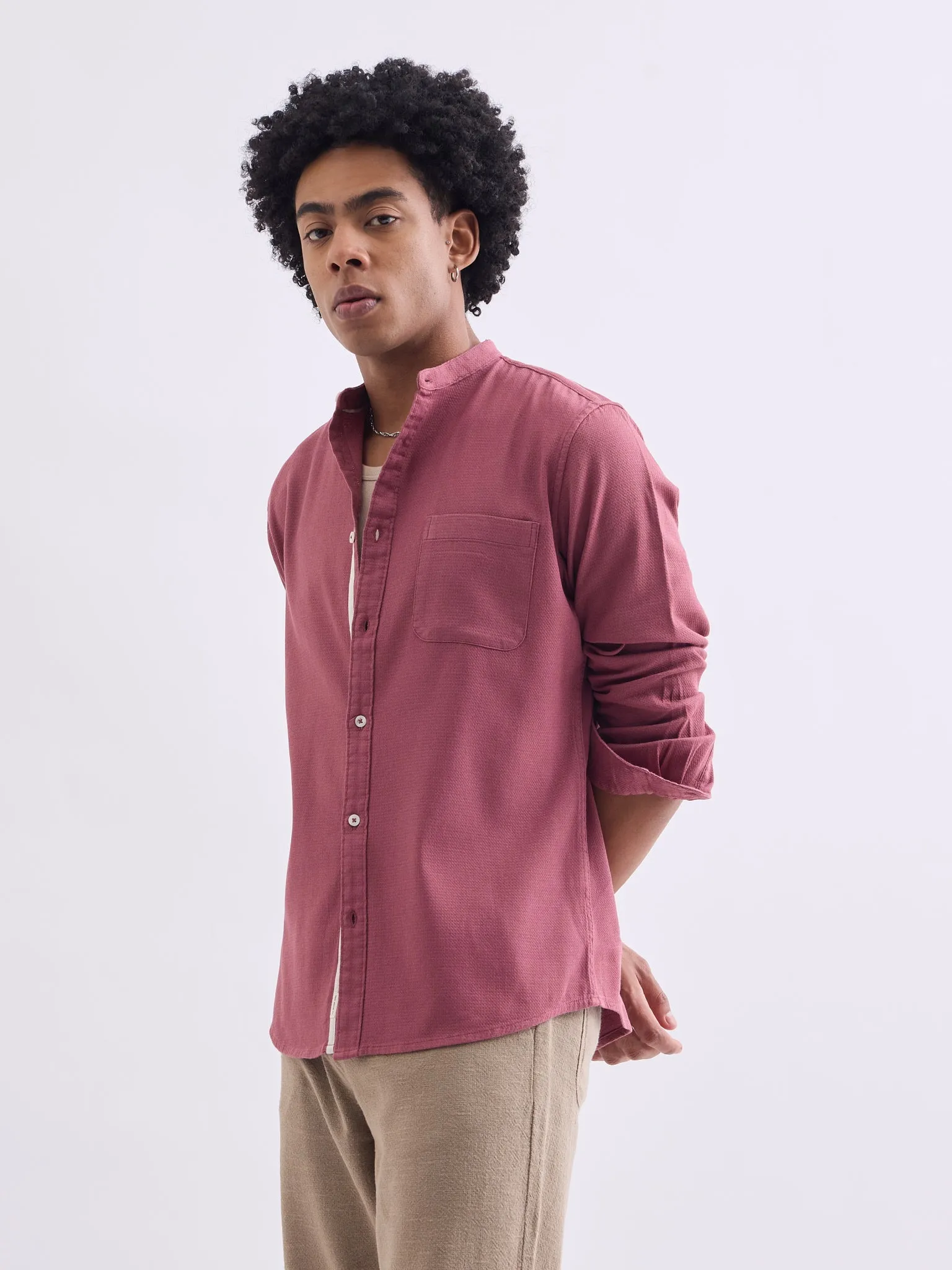 Red Chinese Collar Slim Fit Shirt