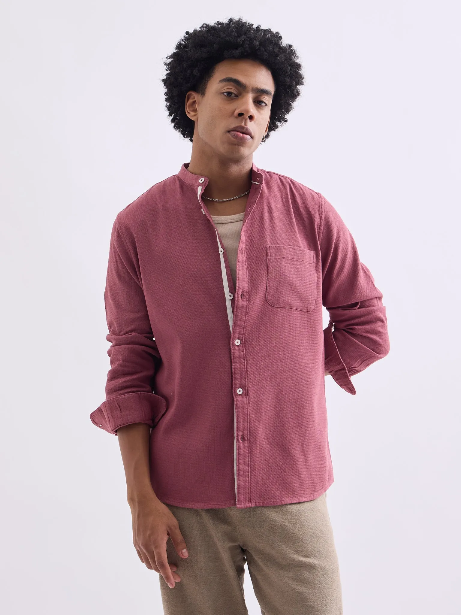 Red Chinese Collar Slim Fit Shirt