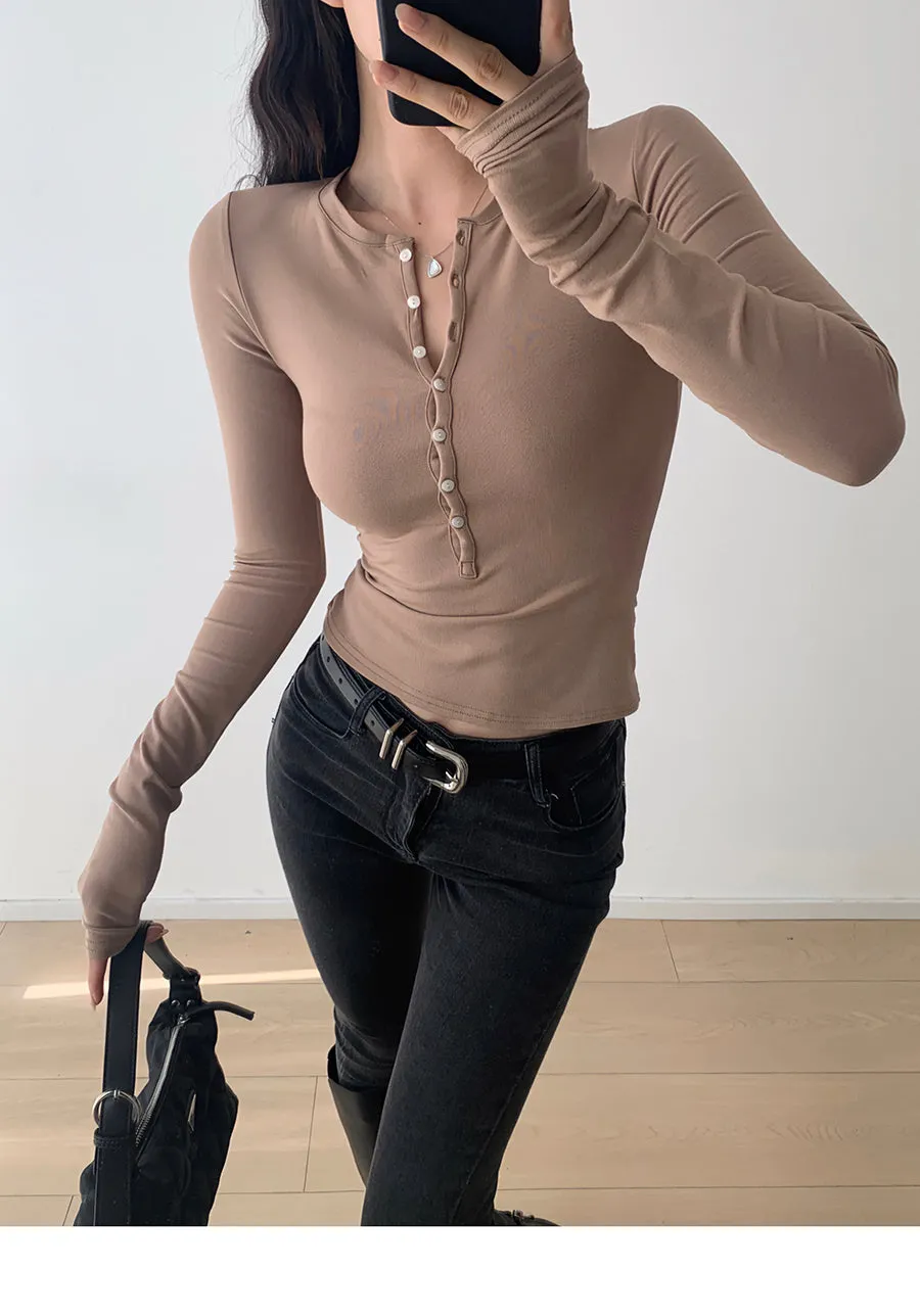 Retro solid color single breasted long sleeve top