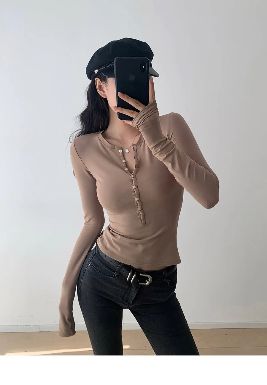 Retro solid color single breasted long sleeve top