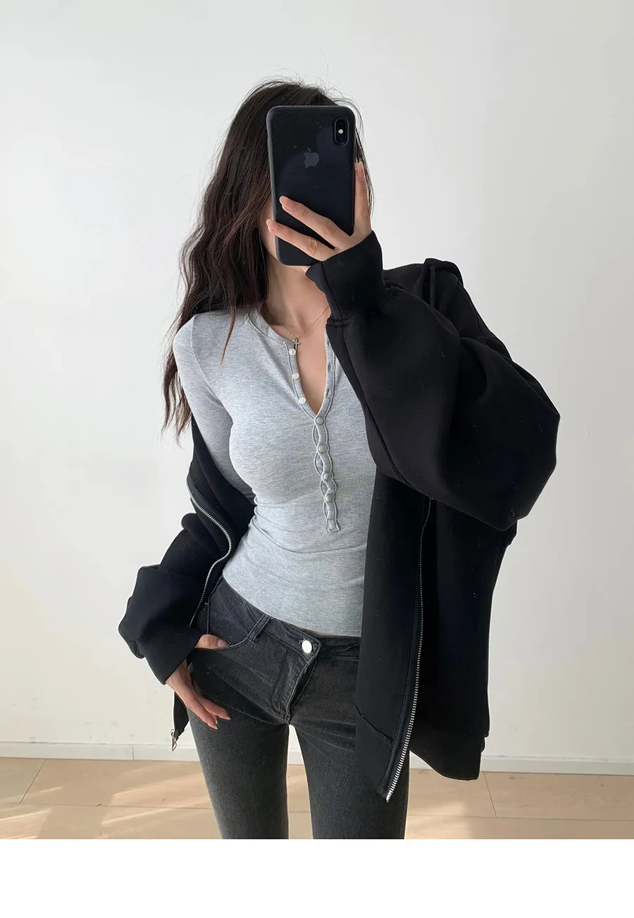 Retro solid color single breasted long sleeve top