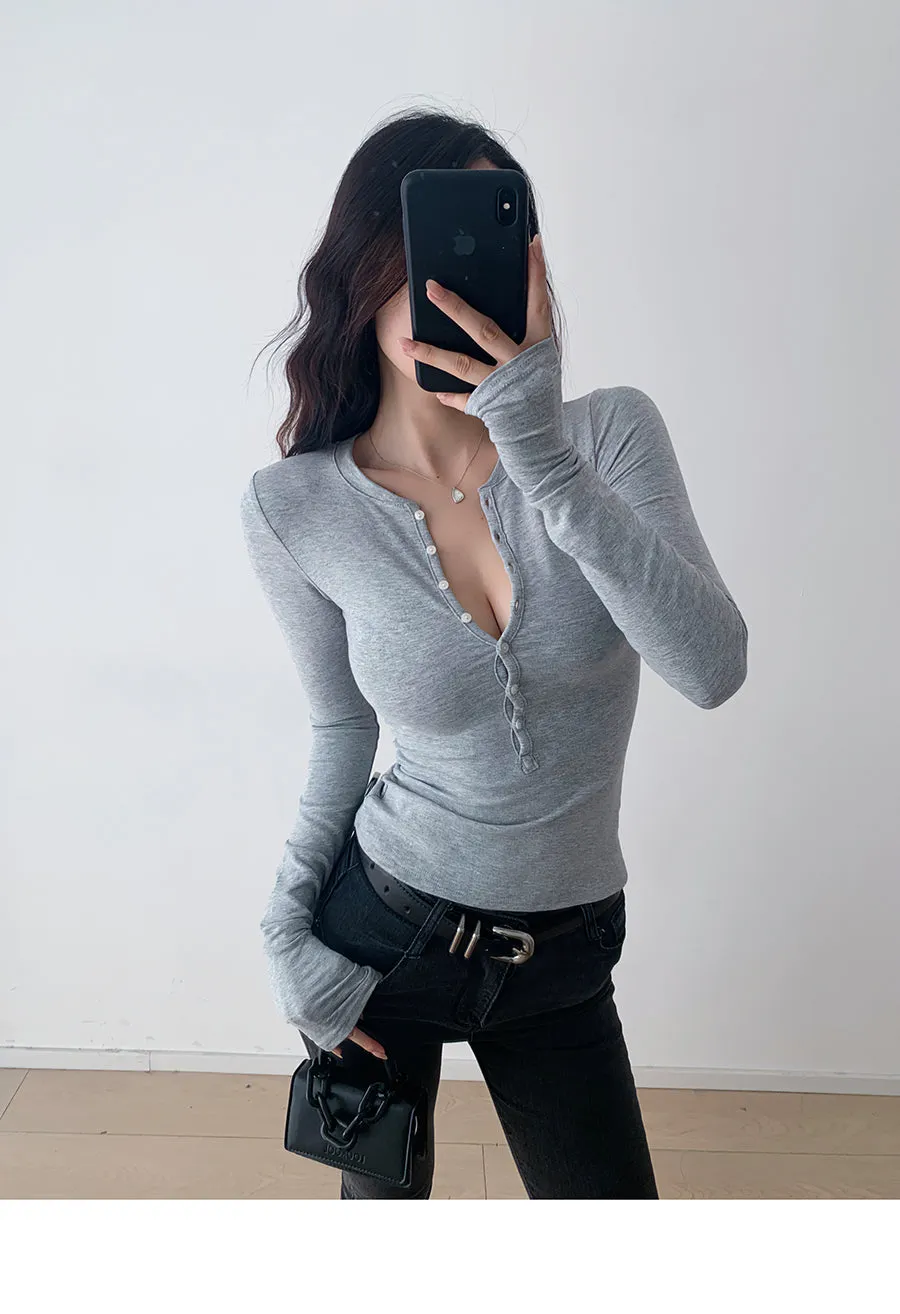 Retro solid color single breasted long sleeve top