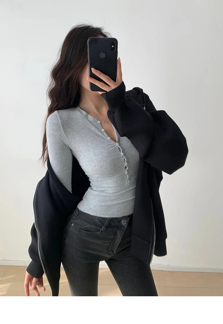 Retro solid color single breasted long sleeve top