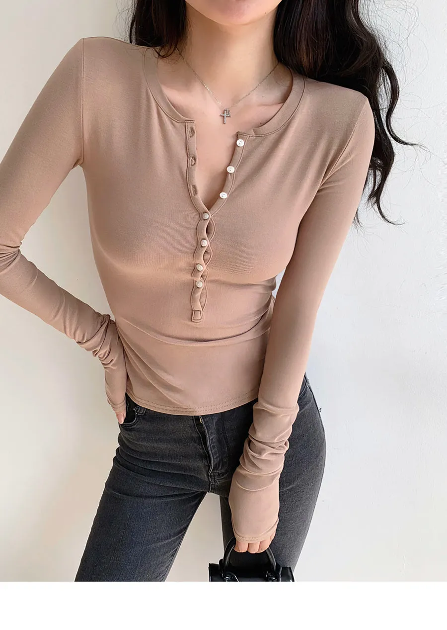 Retro solid color single breasted long sleeve top