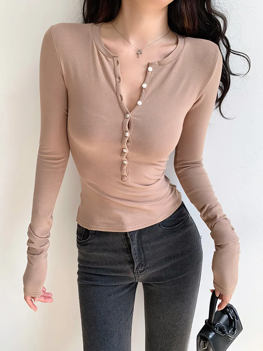 Retro solid color single breasted long sleeve top