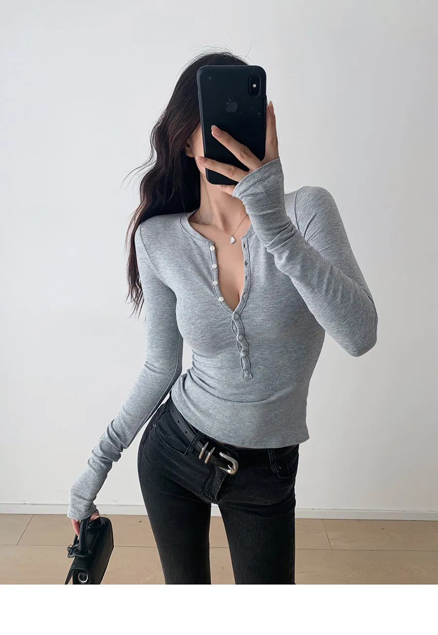 Retro solid color single breasted long sleeve top