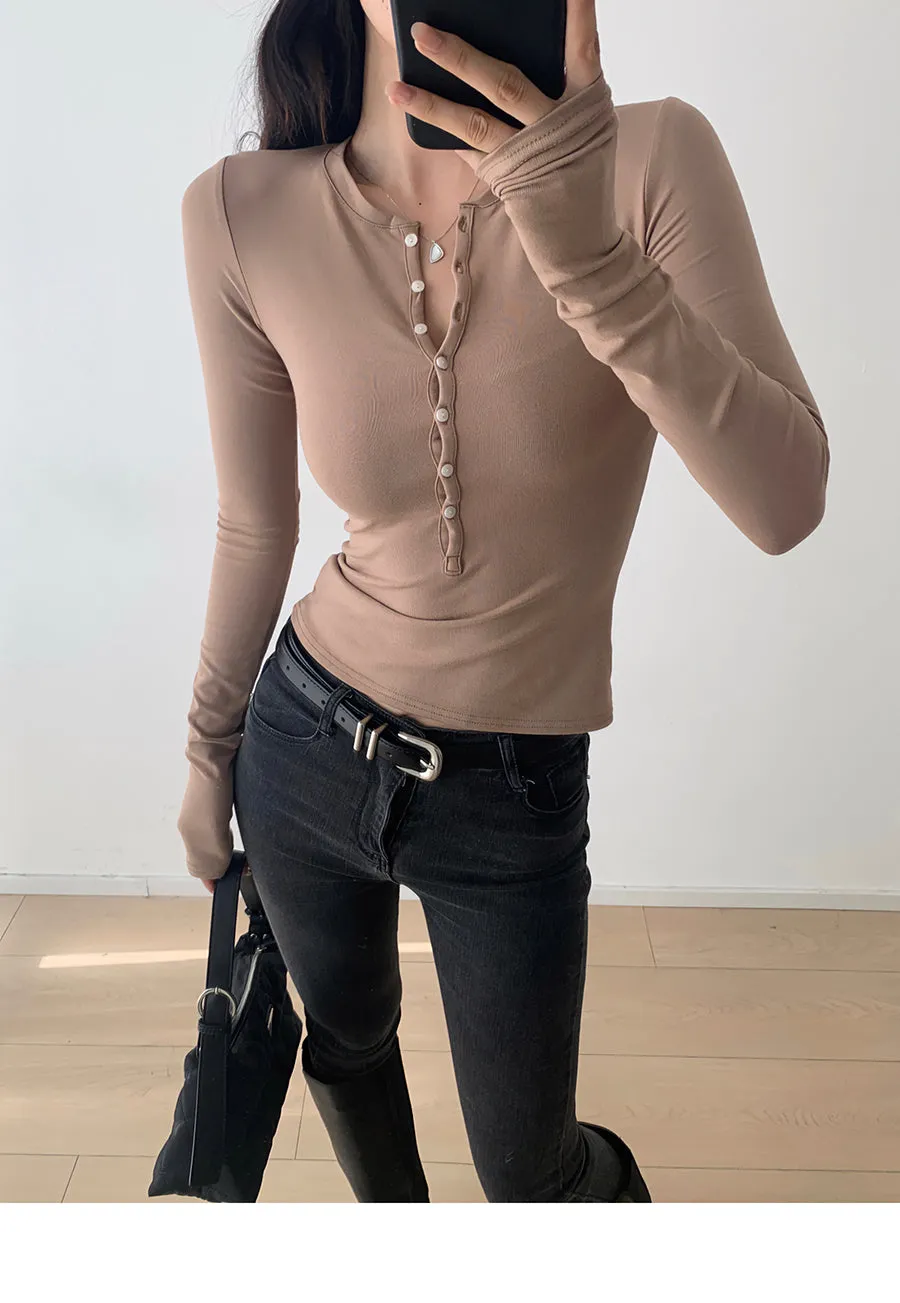 Retro solid color single breasted long sleeve top