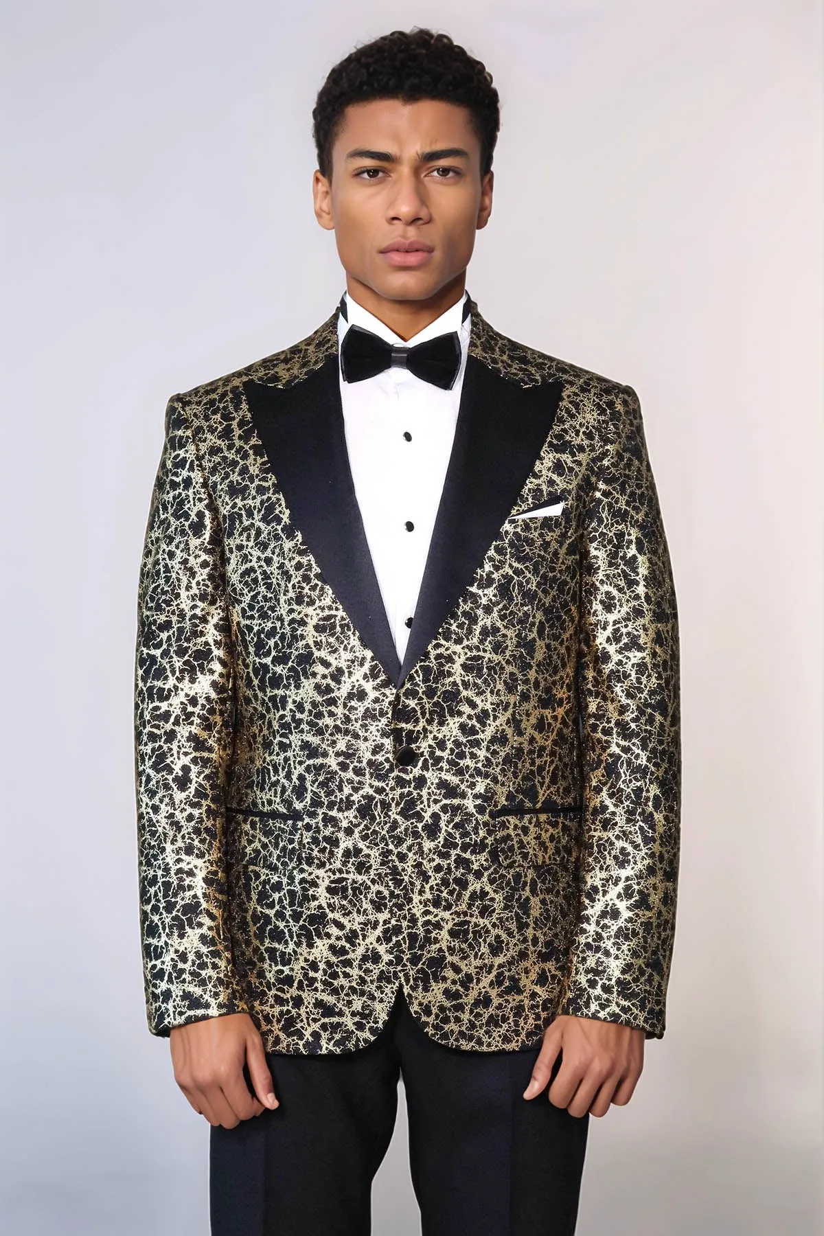 Root Pattern Peak Lapel Black Men Prom Blazer - Wessi