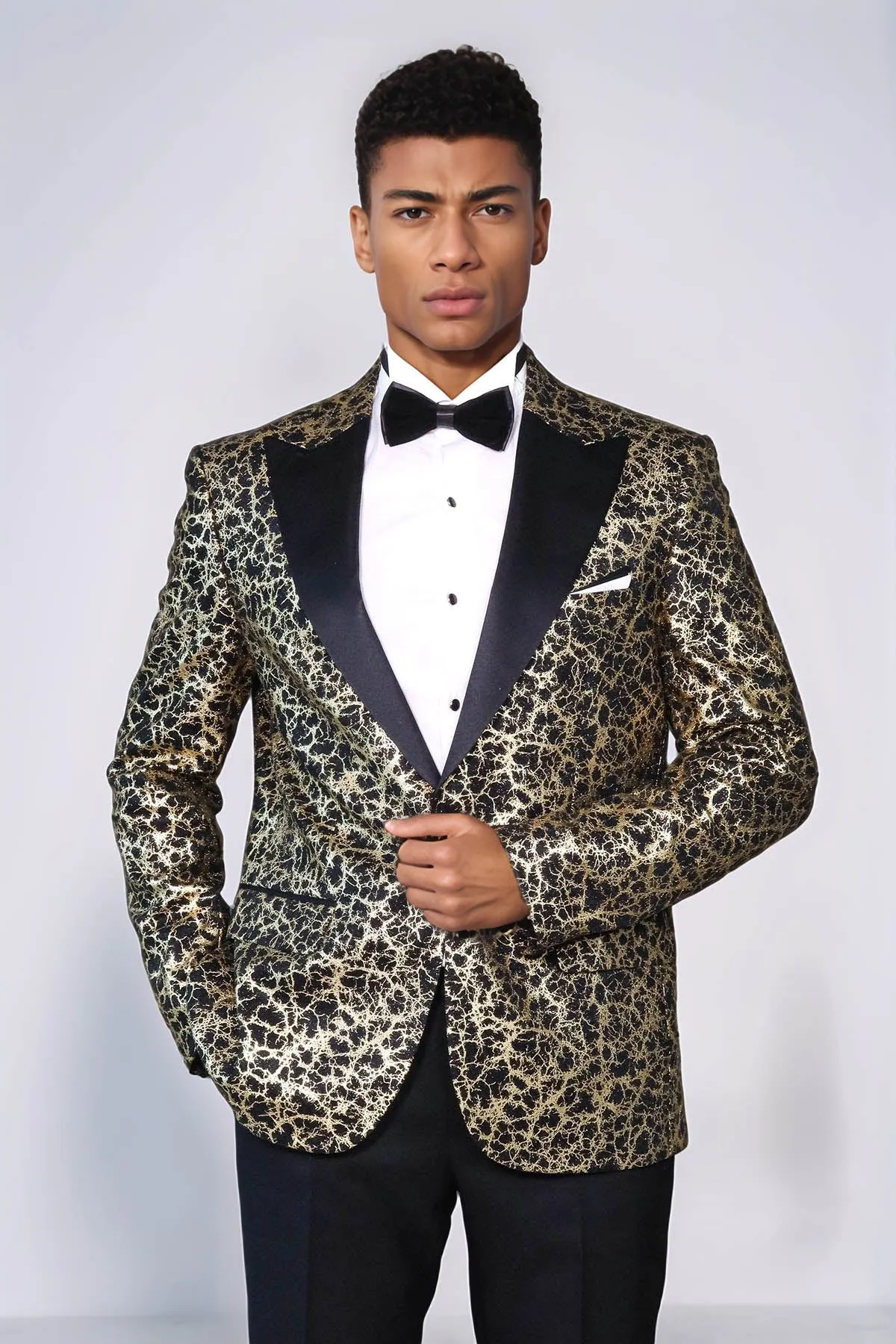 Root Pattern Peak Lapel Black Men Prom Blazer - Wessi