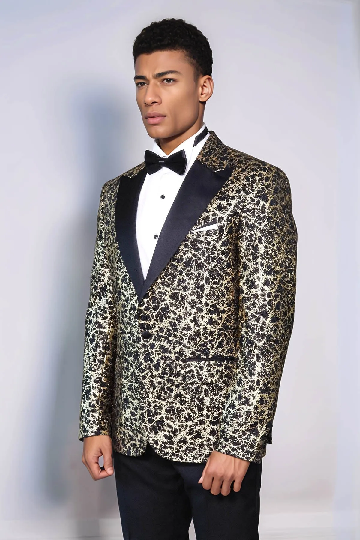 Root Pattern Peak Lapel Black Men Prom Blazer - Wessi