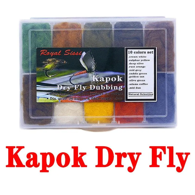 Royal Sissi 10colors boxed Kapok dry fly dubbing dispenser ultra fine dry flies natural buoyant short fibers fly tying materials