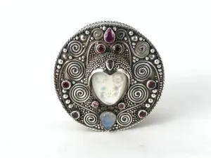 SAJEN Sterling Silver Ruby Moonstone Garnet Goddess Face Trinket Box Estate Find