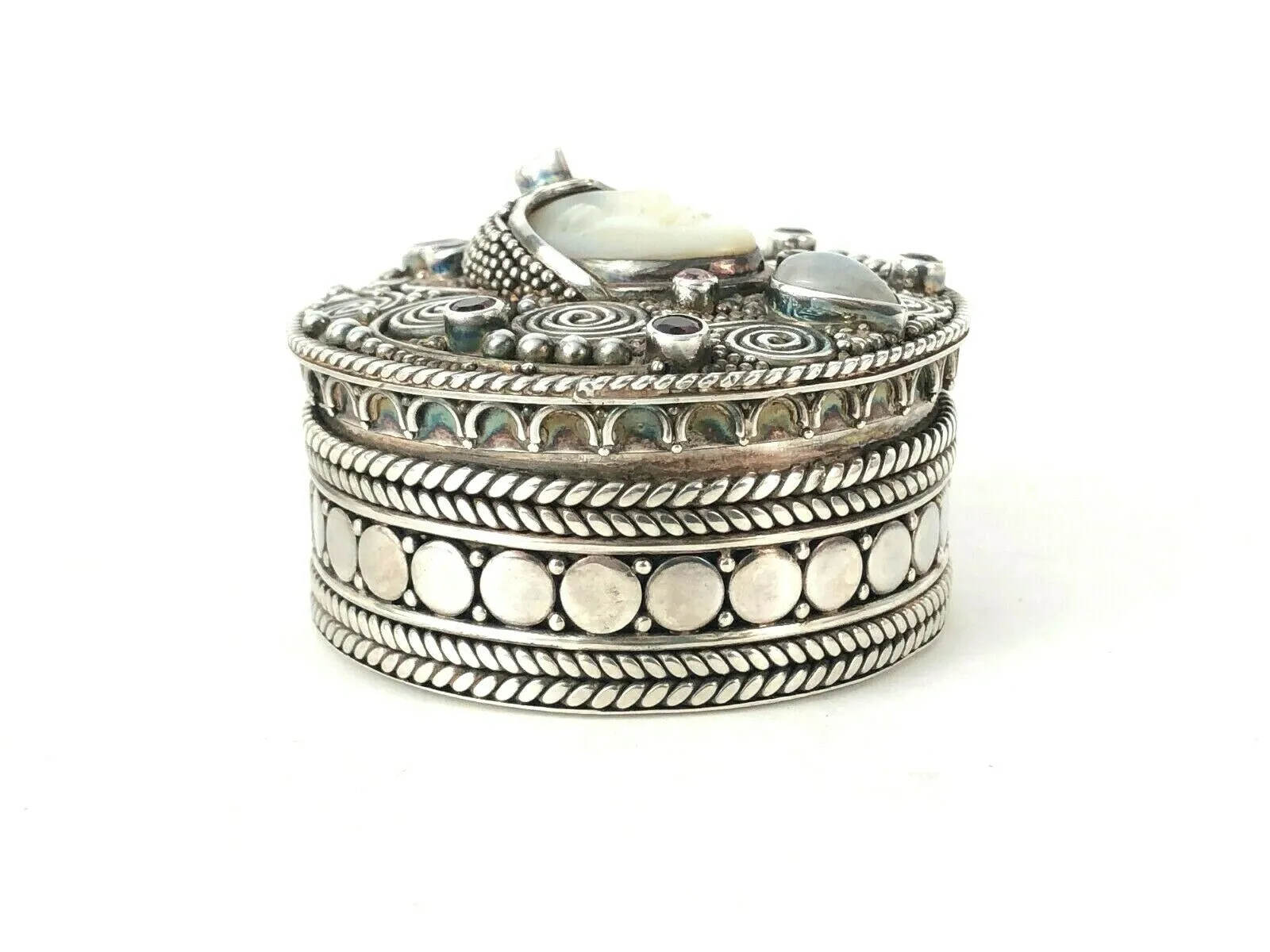 SAJEN Sterling Silver Ruby Moonstone Garnet Goddess Face Trinket Box Estate Find