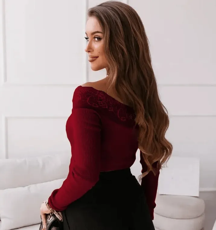 Scarlett Off-Shoulder Lace Trim Ribbed Knit Top