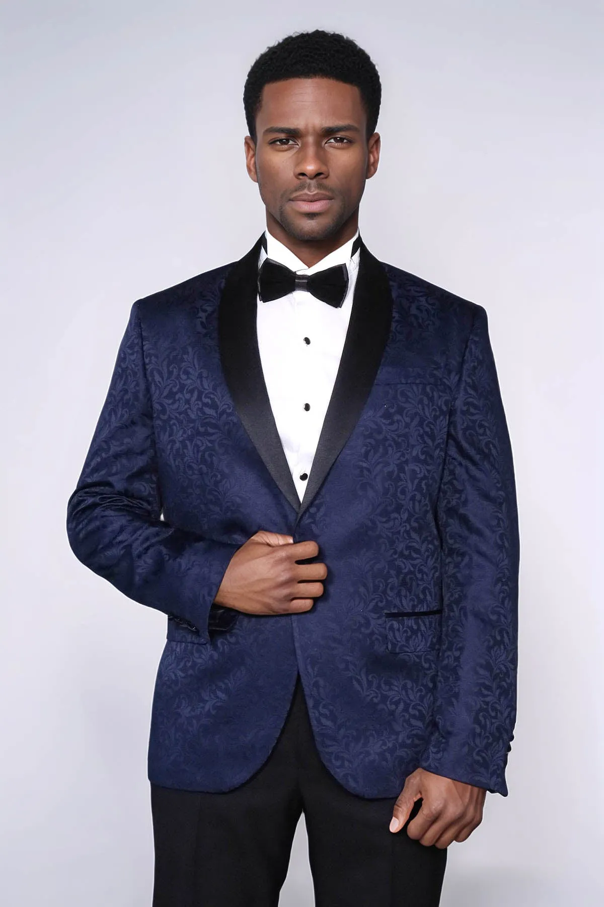 Shawl Lapel Floral Patterned Navy Blue Men Prom Blazer - Wessi