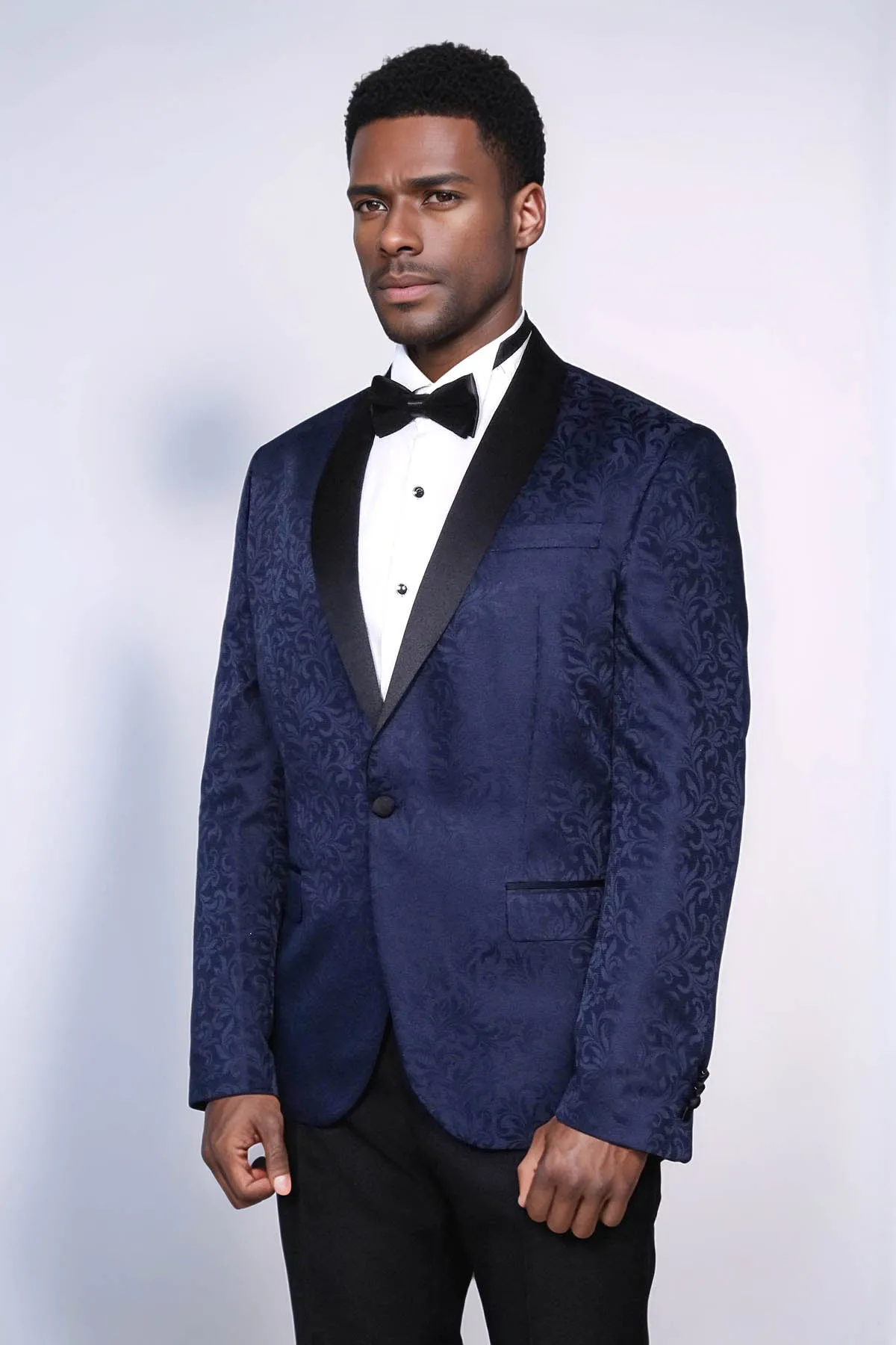 Shawl Lapel Floral Patterned Navy Blue Men Prom Blazer - Wessi