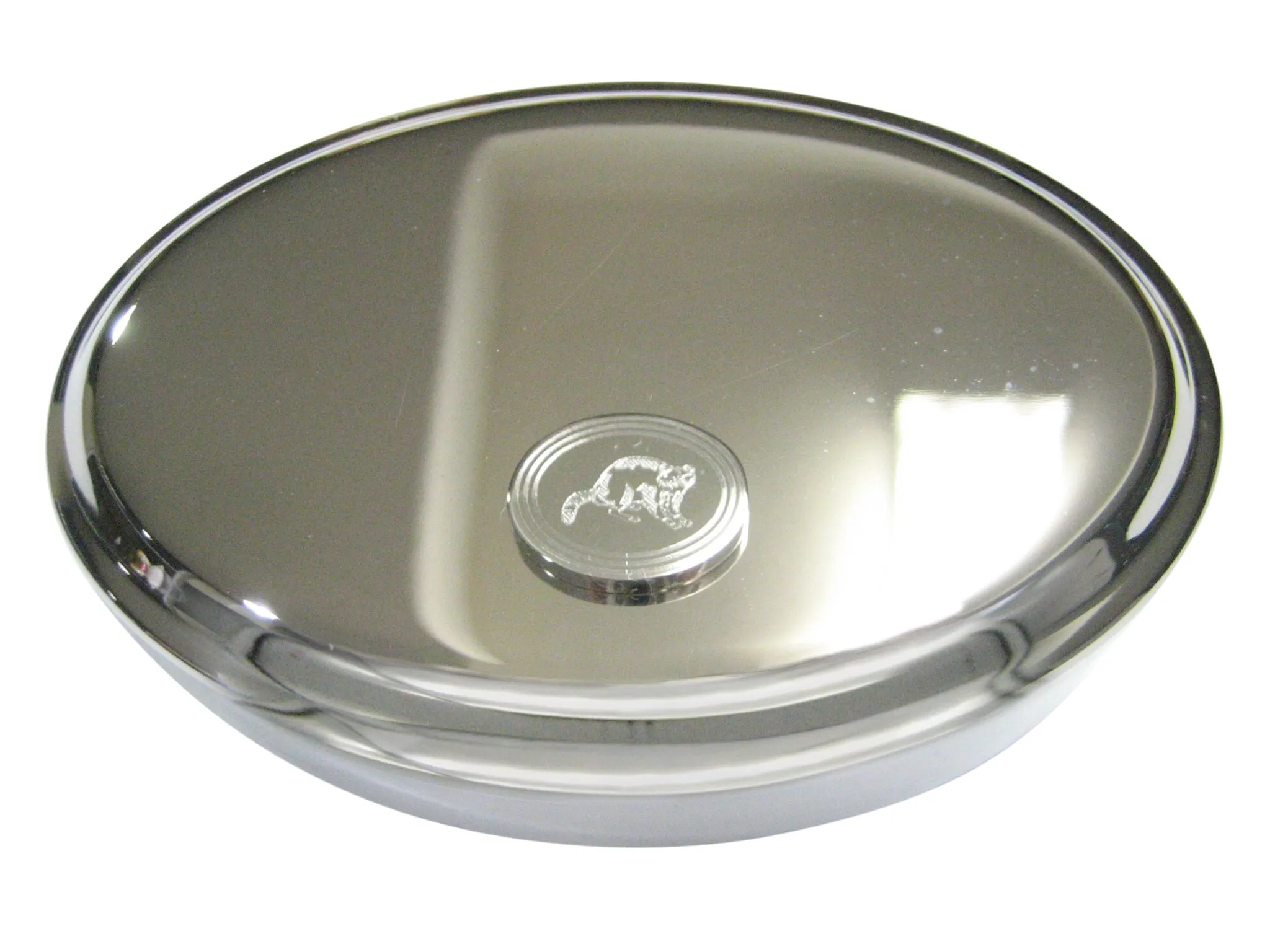 Silver Toned Etched Oval Raccoon Oval Trinket Jewelry Box