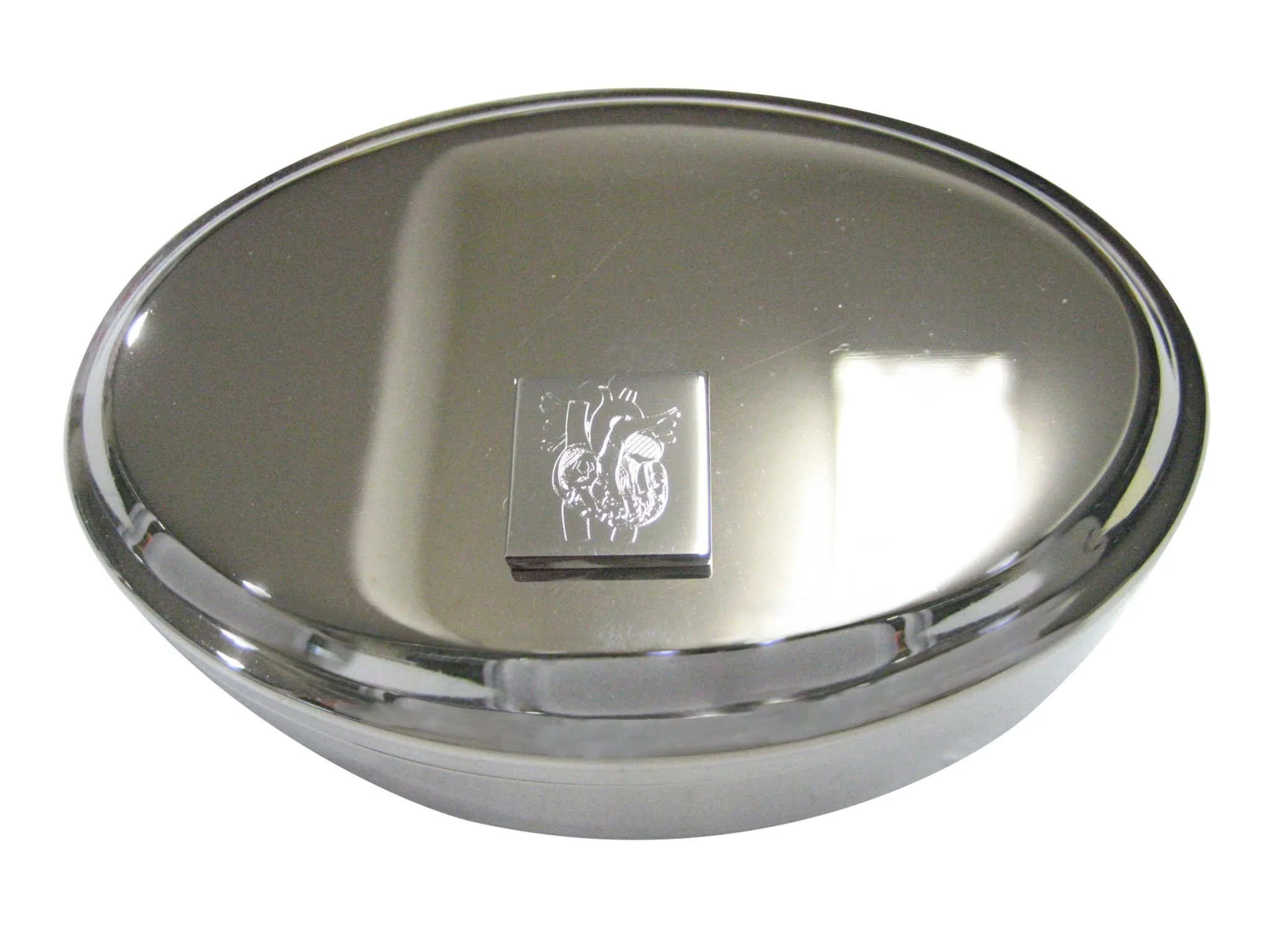Silver Toned Square Etched Anatomical Heart Oval Trinket Jewelry Box