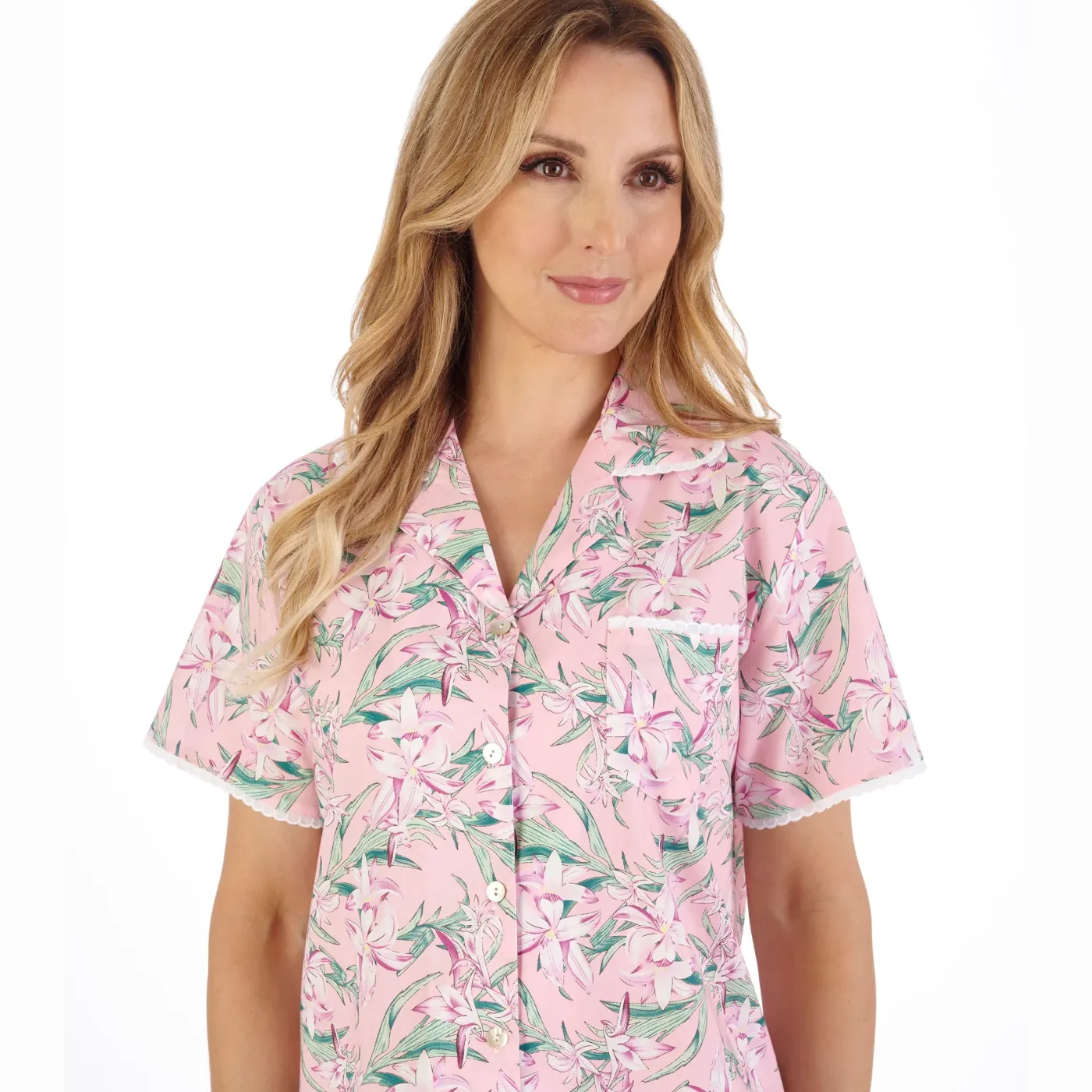 Slenderella Tropical Flower Print Tailored Woven Pyjama | Pink