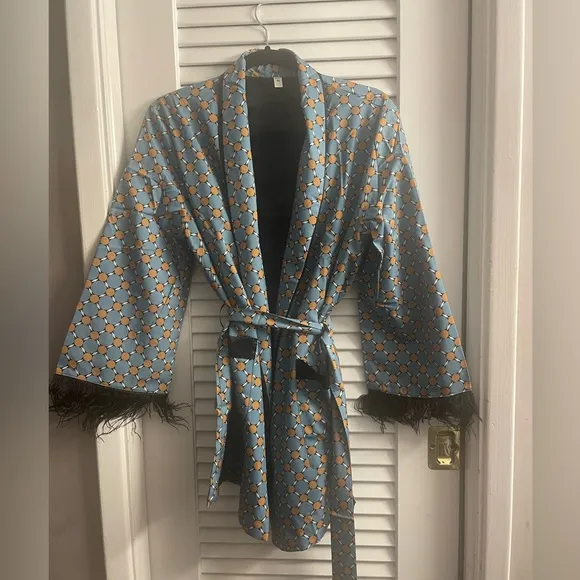 Smokers Jacket/Short Robe W/Two Front Pockets and Feather Trim Accents on Cuffs